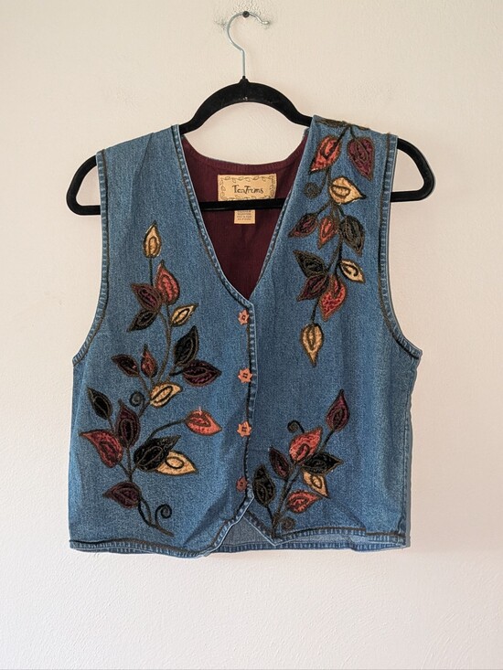 Vintage Jackets & Blazers - S Embroidered Denim Vest with Multicolor Leaf Appliqué